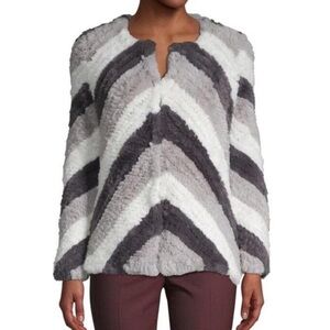 Chic Gray and White Chevron Faux Fur Jacket